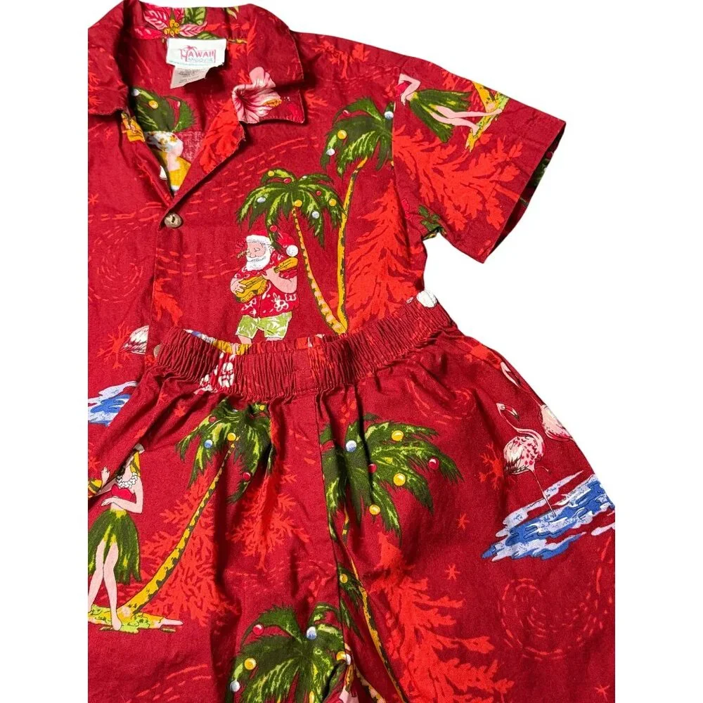 Hawaii Hangover Boys Red Hawaiian Shirt & Shorts Set Santa Floral Holiday Size 4